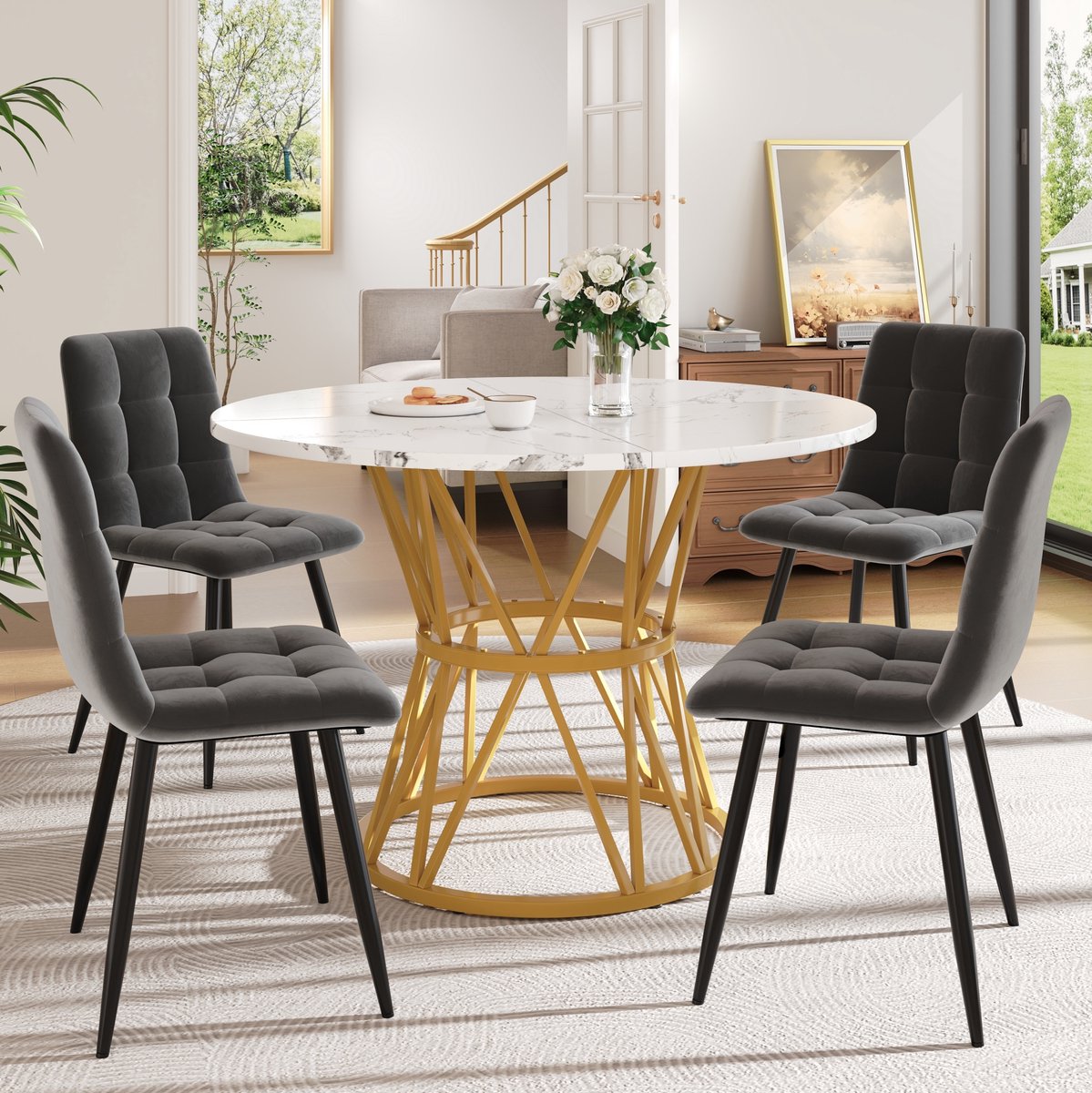Wishdor Eettafelset - Ronde tafel met 4 stoelen - Marmereffect en verstelbare tafelpoten - Eetkamer keuken werkplek - Hout met metaal - Goud en grijs