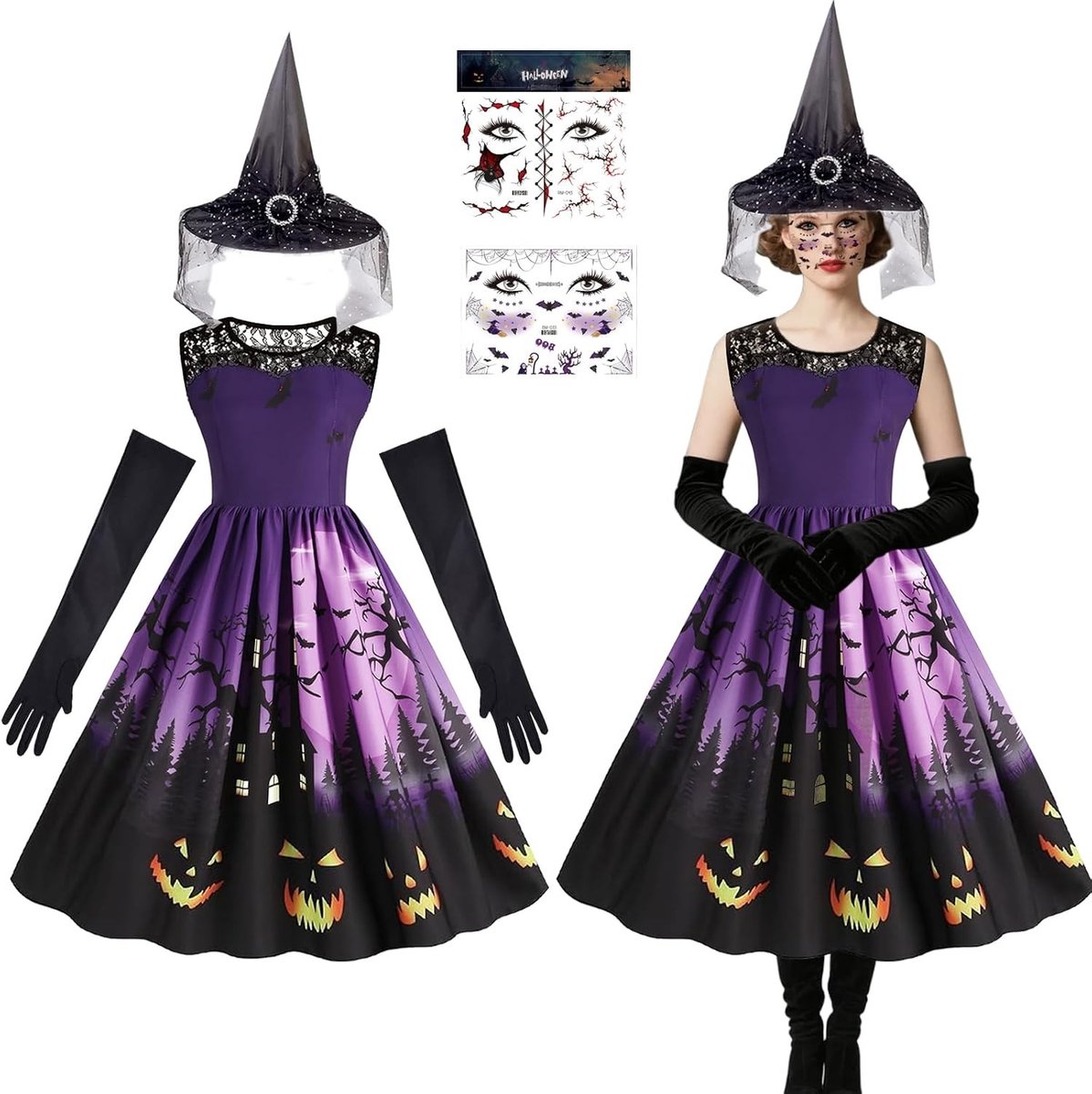 Vrouwelijk Halloween Kostuum Set met Heksenhoed, Handschoenen, Jurk en Gezichtsstickers voor Volwassenen - Perfect voor Carnaval en Cosplay Feesten
