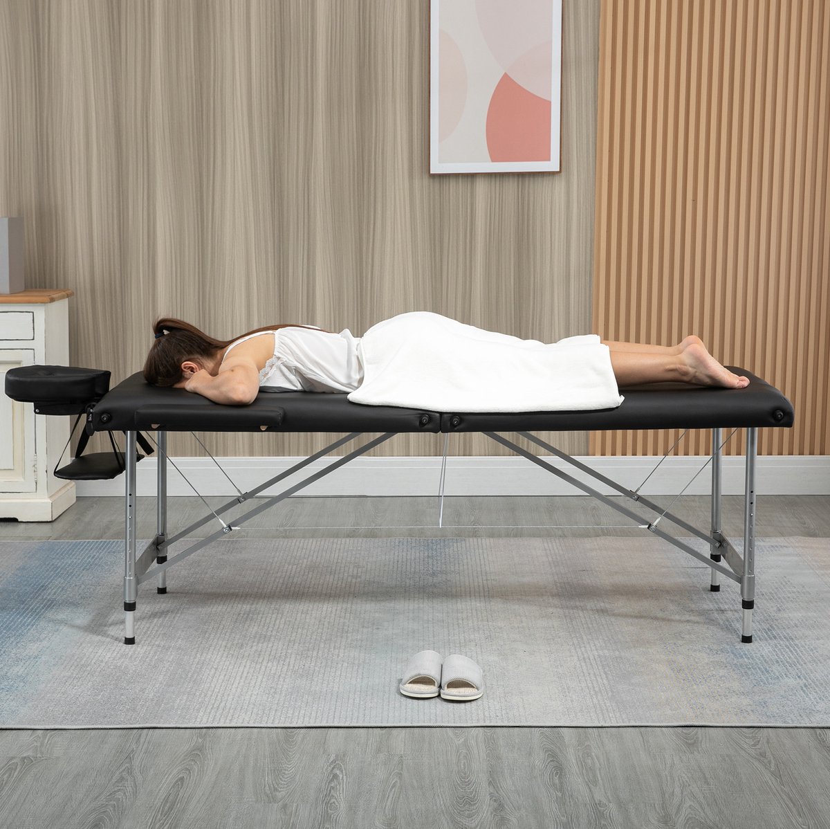 REDOM - Massagetafel - Opvouwbaar ontwerp - 7-voudig hoogteverstelbaar met gezichtsopening en armleuningen - Draaggreep - Aluminium en kunstleer - Zwart - 186 x 71 x 62-83 cm