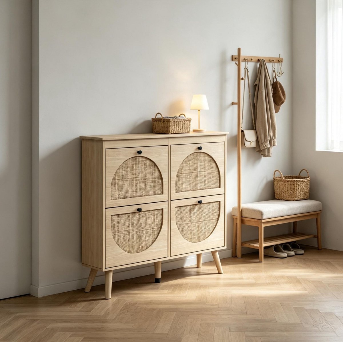 OKWISH Schoenenkast - 4 Kleppen Met Rattanlook Fronten - 105 x 24 x 97,5 cm - Opbergruimte Voor 20 Paar - Bohemian Stijl - Spaanplaat Naturel Hout