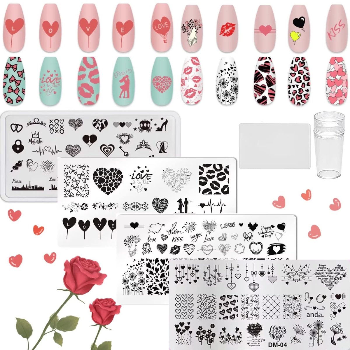 Elzusha - 6Pcs Hart Nail Stamping Plates Set met Nail Stamp & Scraper voor Valentijnsdag