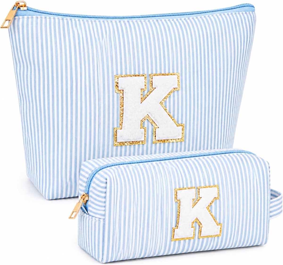 Prachtige gepersonaliseerde make-up tas in blauw met letters K - Set van 2, ideaal voor reizen en organisatie