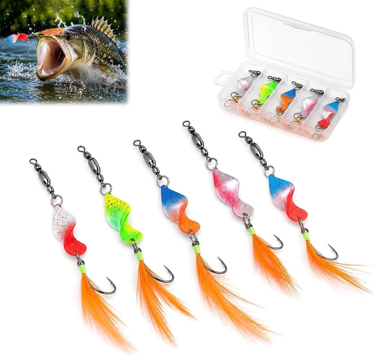 Set van 5 spinnenvissen met twist spoons, 3,5 g, ideaal voor forel en andere agressieve vissoorten, inclusief visaccessoires