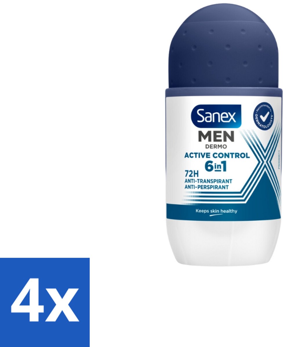 4 x Sanex Deodorant Roller Men Active Control 53 ml - Deodorant Voor Mannen - Zweetbehandeling - Okselbescherming - Huidcomfort - Anti-irritatie
