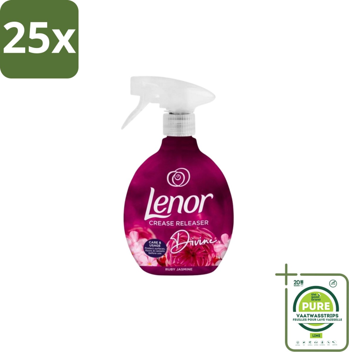 25 x Lenor – Crease Releaser Spray – Divine Ruby Jasmine – Kreukverwijderaar & Textielverfrisser – 500 ml - Grootverpakking - Kreukverwijderaar - Textielverfrisser - Crease Releaser - Kleding Opfrissen - Ruby Jasmine Geur