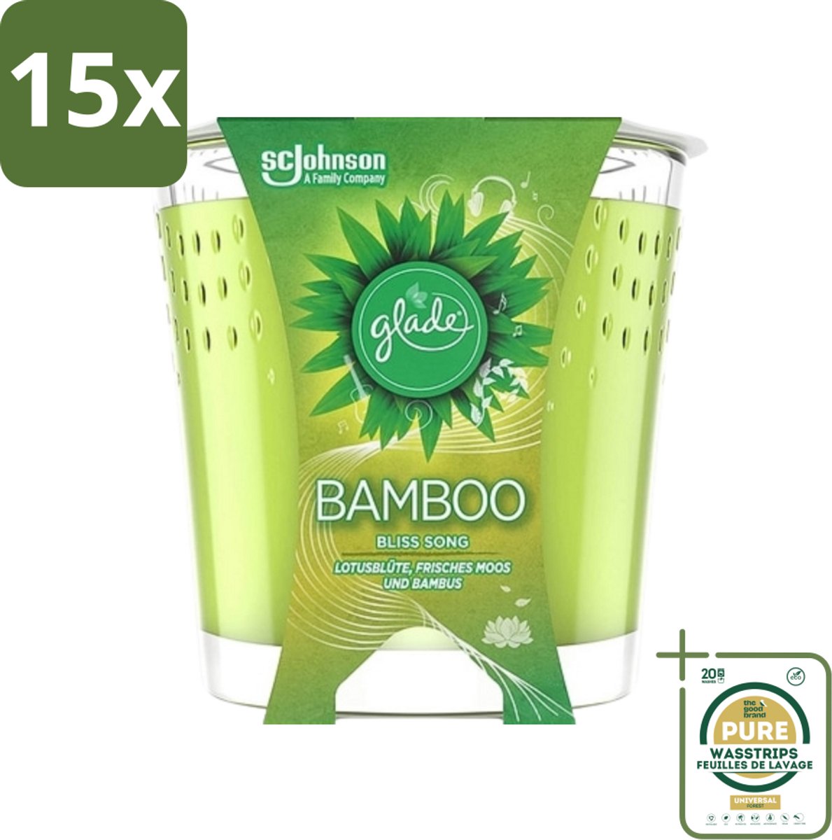 15 x Glade - Geurkaars - Bamboo Bliss Song - Frisse Geur & Relaxatie - 129 g - Grootverpakking - Bamboo Geur - Rust - Ontspanning - Geurkaars - Frisse Geur