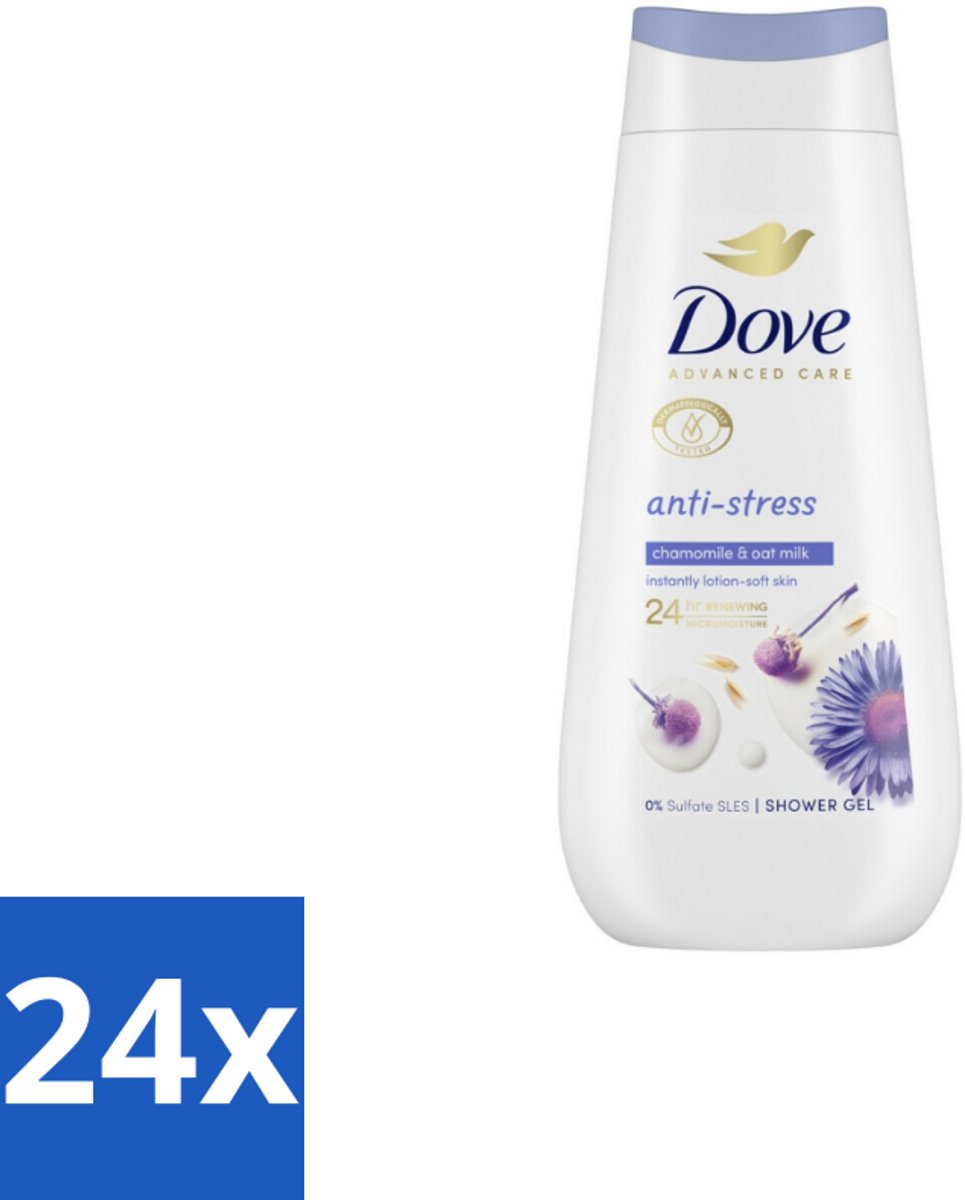 24 x Dove – Douchecrème – Anti-Stress – 225 ml - Douchecrème Anti-stress - Ontspannende Douchecrème - Droge Huid Verzorgen - Hydratatie - Blauwe Kamille