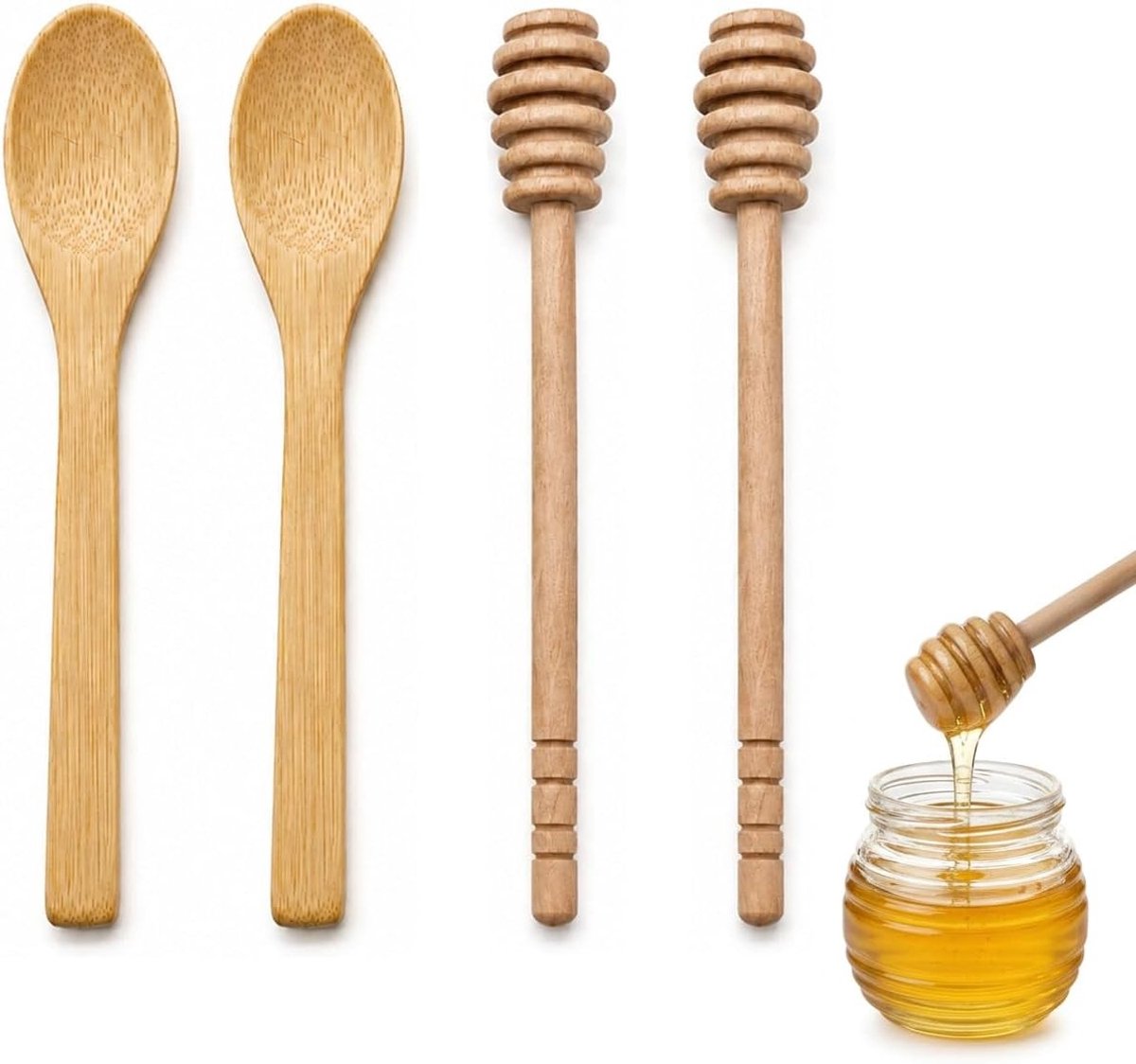 Set van 4 houten honinglepels - Ideaal voor honing, jam en siropen - Duurzaam en handgemaakt