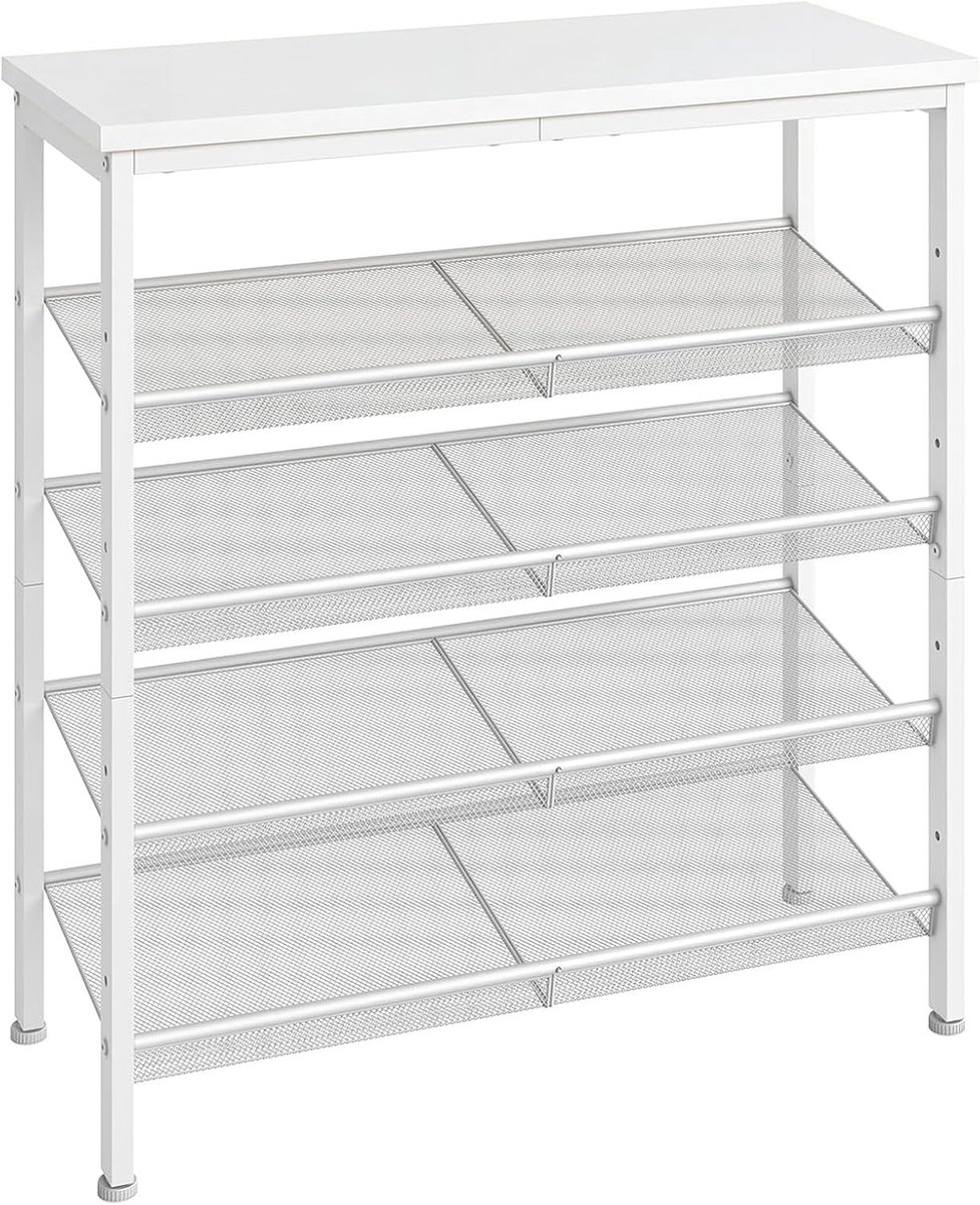 5-laags Schoenenrek, Verstelbare Metalen Mesh Plank, Geschikt voor 16-20 Paar Schoenen, Ruime Bovenkant, Staal, Wit, Perfect voor Hal en Slaapkamer