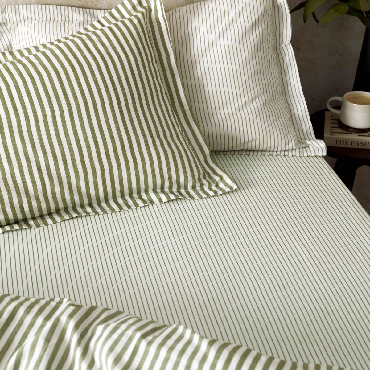Yard Hebden Mélange gestreepte katoenen hoeslakens - Super King - Olive - ShopVlot