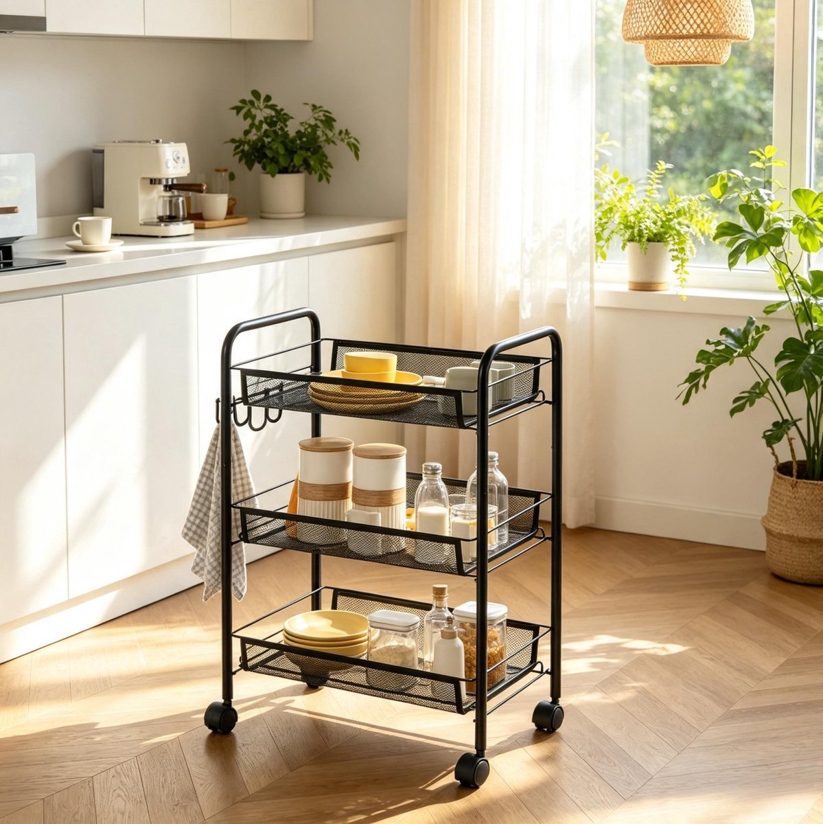 OKWISH Keukenwagen 3 Laags – Metalen Netmanden Met Haken En Wieltjes – Voor Keuken En Kleine Ruimtes – Staal – Zwart