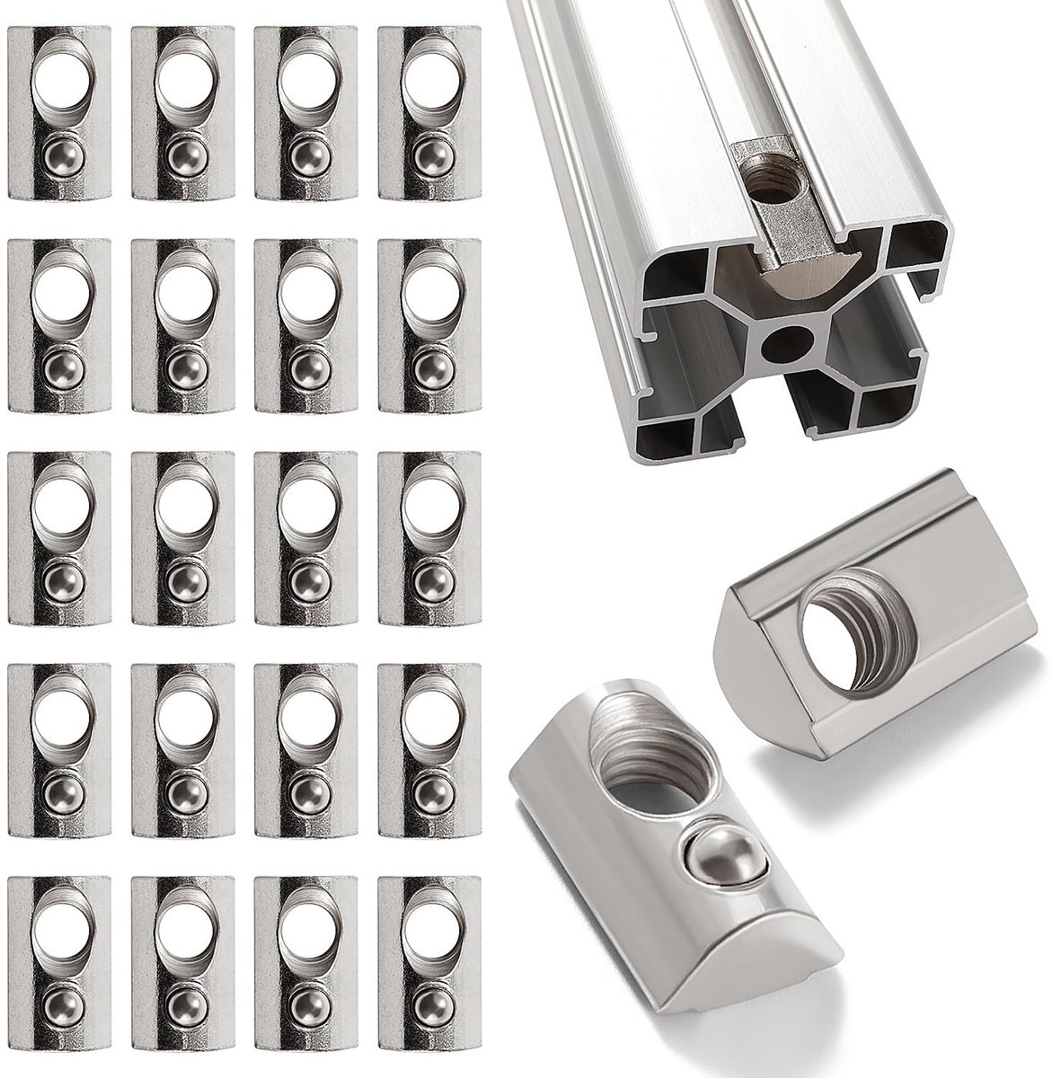 20 Stuks M8 T-Spring Moeren voor Aluminium Extrusieprofielen, Roll-in T Moeren voor 8mm Sleuven en 4040, 4080, 40120, 8080 Systemen
