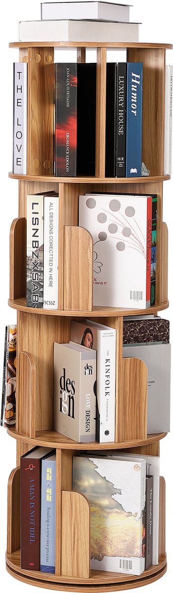 Draaiende Boekenkast 360 Graden 4 Lagen - 40x40x132cm - Staande Boekenkast Hout - Display Opbergrek - Ruimtebesparend Hoekrek - Voor Woonkamer Slaapkamer - Houtkleur