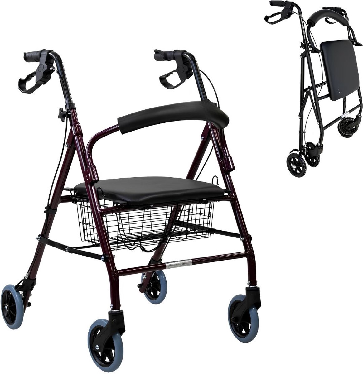 TYR® Rollator - Rollators Binnen en Buiten - Opvouwbare Rollator - Bordeaux - 77cm x 60cm x 93cm