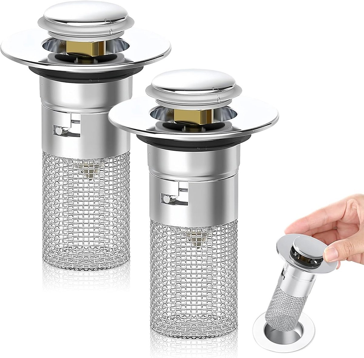 Set van 2 Afvoerfilters voor de Badkamer, Roestvrijstalen Haarvanger en Verwijderbare Filtermand voor Douche en Wastafel