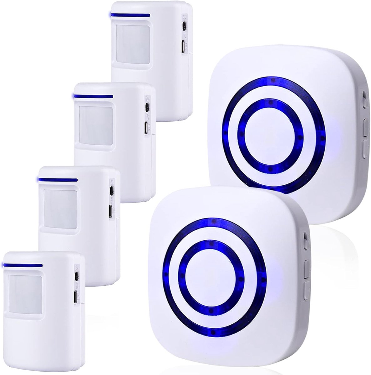 Bewegingssensor Alarm, Draadloos Binnen Beveiligingssysteem en Elektrische Deurbel, 4 Bewegingsdetectoren en 2 Alarm, 90 meter draadloos bereik, 38 beltonen, dempstand, LED‑indicator, instelbare beltonen