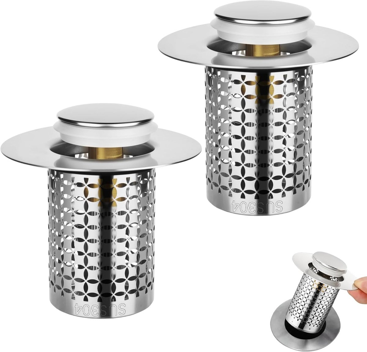 Verstelbare afvoerstopper met zeef voor gootsteen, wastafel en vloerdrain - RVS filter voor keuken en badkamer, 34-40 mm