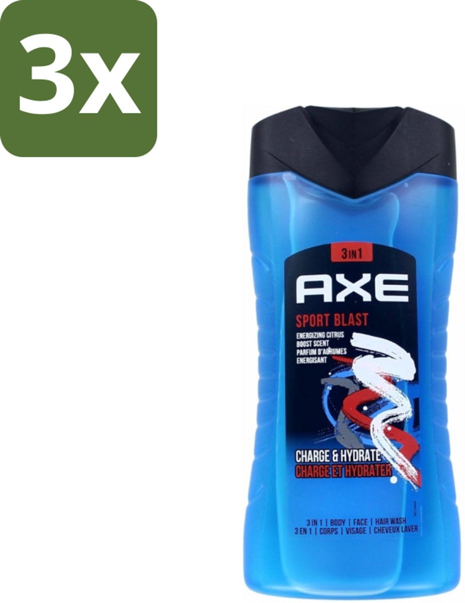 3 x Axe - 3-in-1 Douchegel - Sport Blast - Energizing Citrus - Hydraterend - 250 ml - Douchegel Sport Blast - Sportgeur - Hydraterende Douchegel - Frisheid Na Training - Energieke Geur