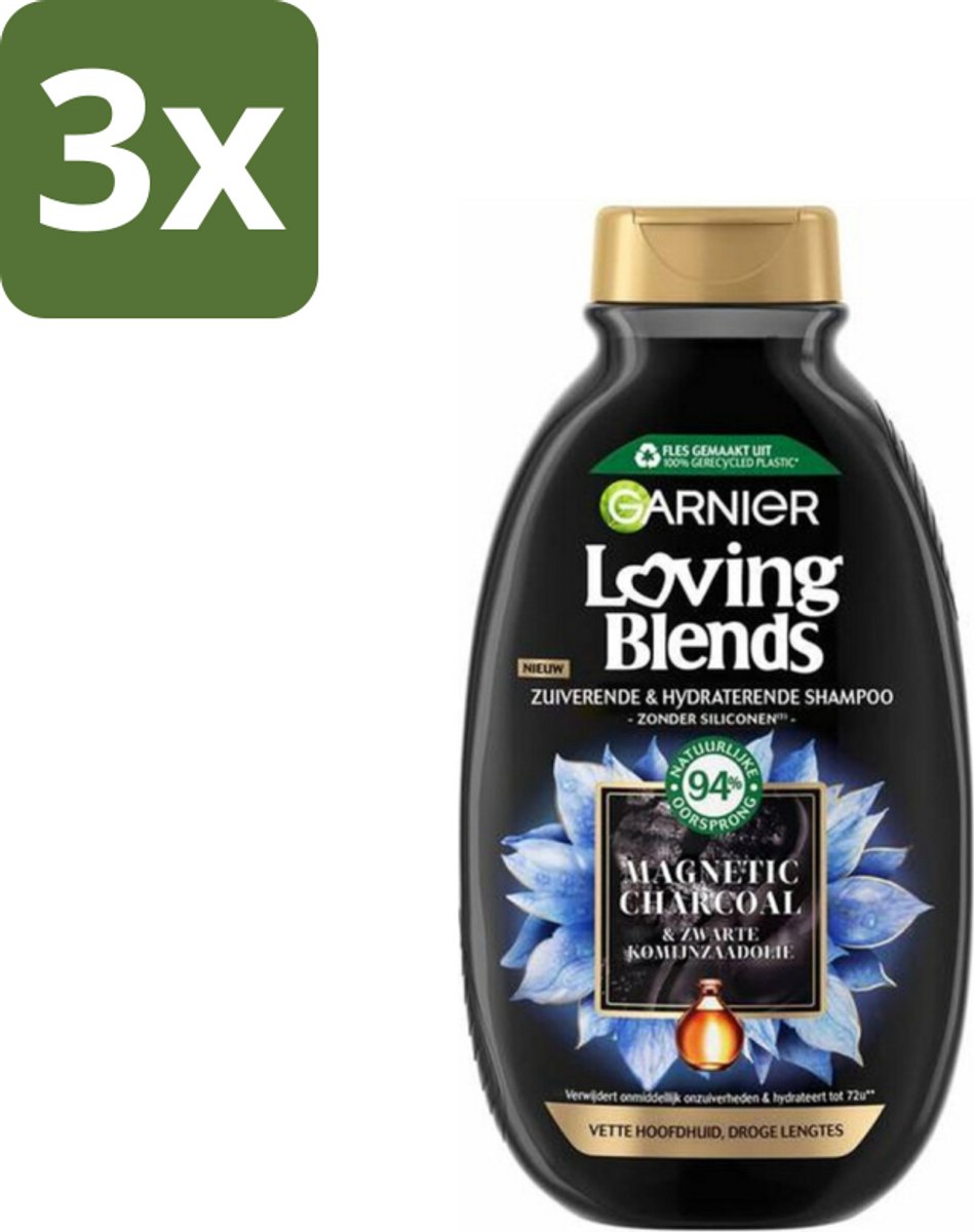 3 x Garnier Loving Blends Magnetic Charcoal Shampoo 300 ml - Vette Hoofdhuid - Droge Haar - Zuivering - Hydraatatie - Magnetische Koolstof