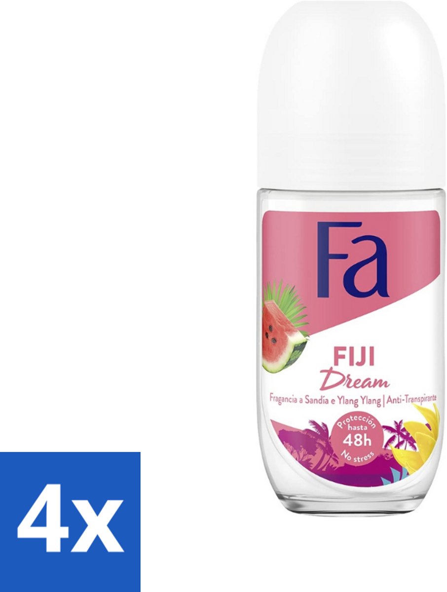 4 x Fa - Deodorant Roller - Fiji Dream - Watermeloen & Ylang Ylang - 48 uur Bescherming - 50 ml - 48 Uur Bescherming - Deodorant Roll-on - Watermeloen Geur - Ylang Ylang Geur - Huidvriendelijk
