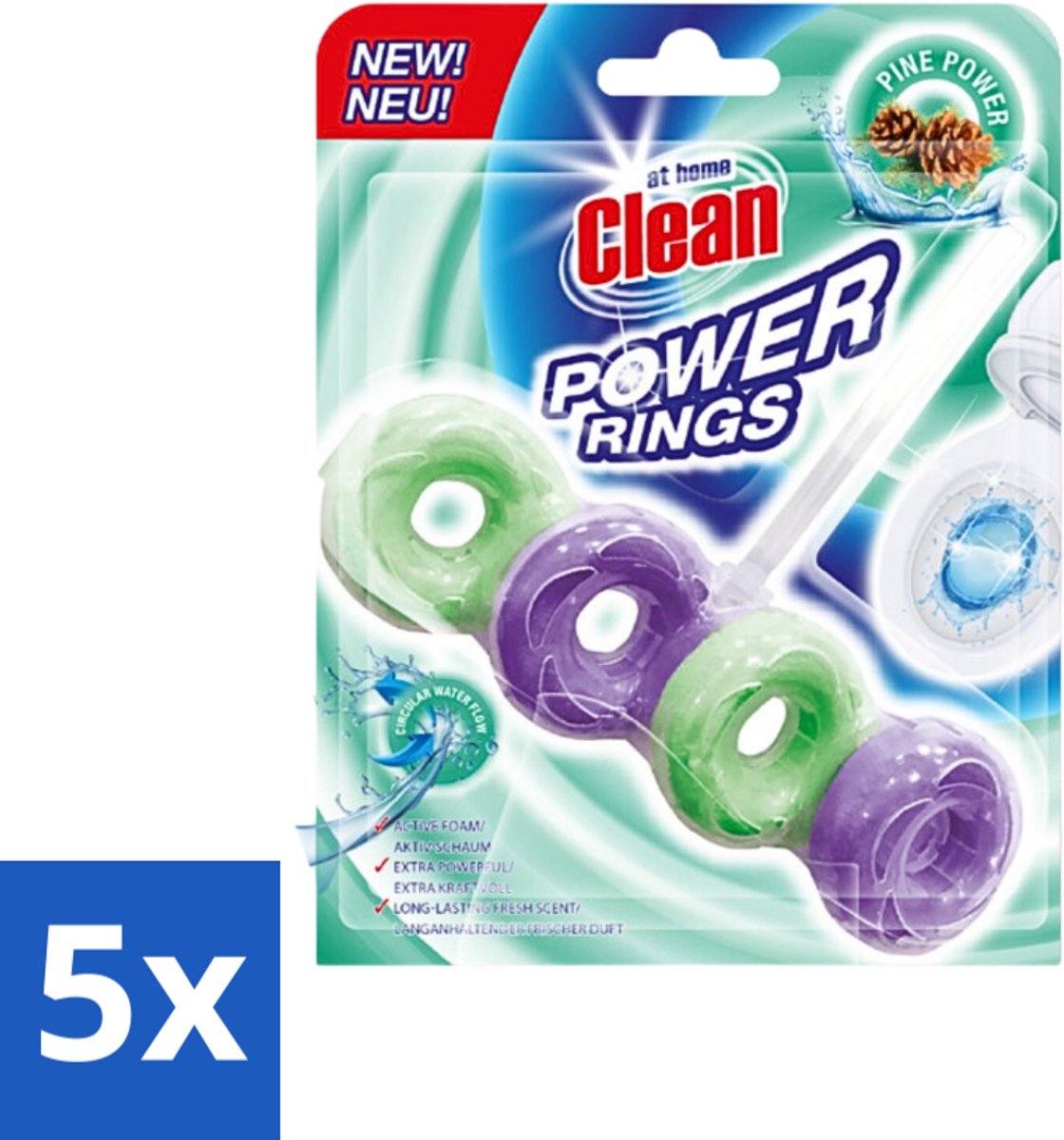 5 x At Home - Clean - Toiletblok - Power Rings - Pine Power - Extra Sterk - 1 Blok - Toiletblok - Toilet Reinigen - Frisse Geur - Dennengeur - Toilet Hygiëne