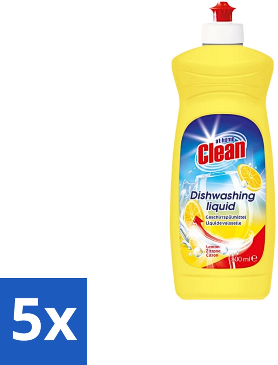 5 x At Home - Clean - Afwasmiddel - Lemon - Stralend Schone Vaat - 500 ml - Afwasmiddel - Vaat Reinigen - Vet Verwijderen - Citroengeur - Stralend Schone Vaat