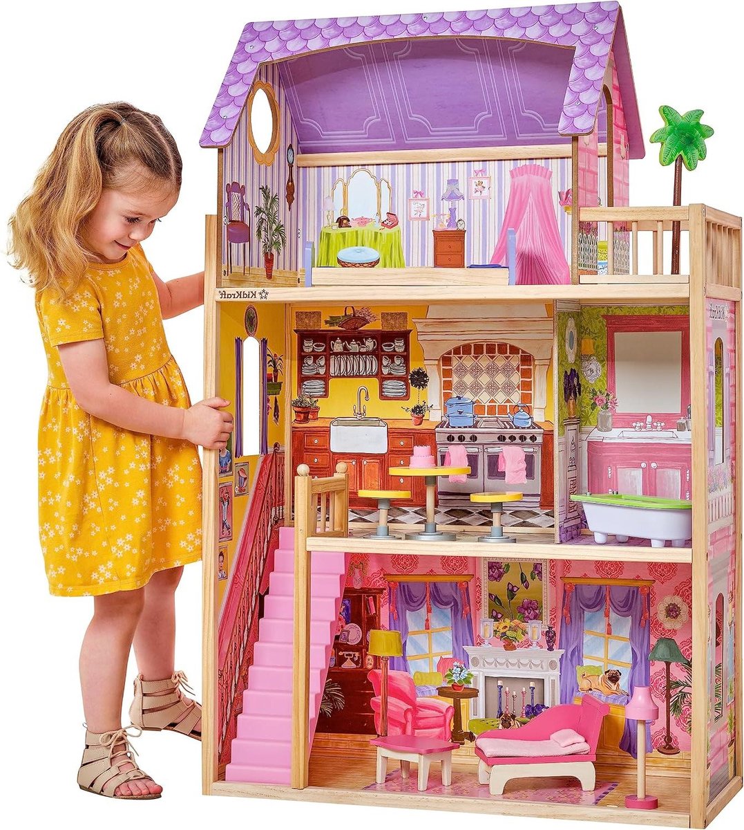Poppenhuis Kayla - Houten Speelhuis - Rollenspel Fantasie - Inclusief Meubilair - 114 cm Hoog - Meerkleurig