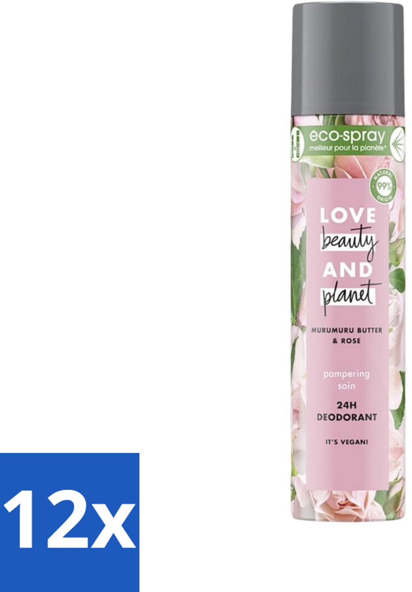 12 x Love Beauty and Planet - Deospray - Murumuru Butter & Rose - 75 ml - Deospray - Murumuru Boter - Roze Geur - Vegan Deodorant - Natuurlijke Deodorant