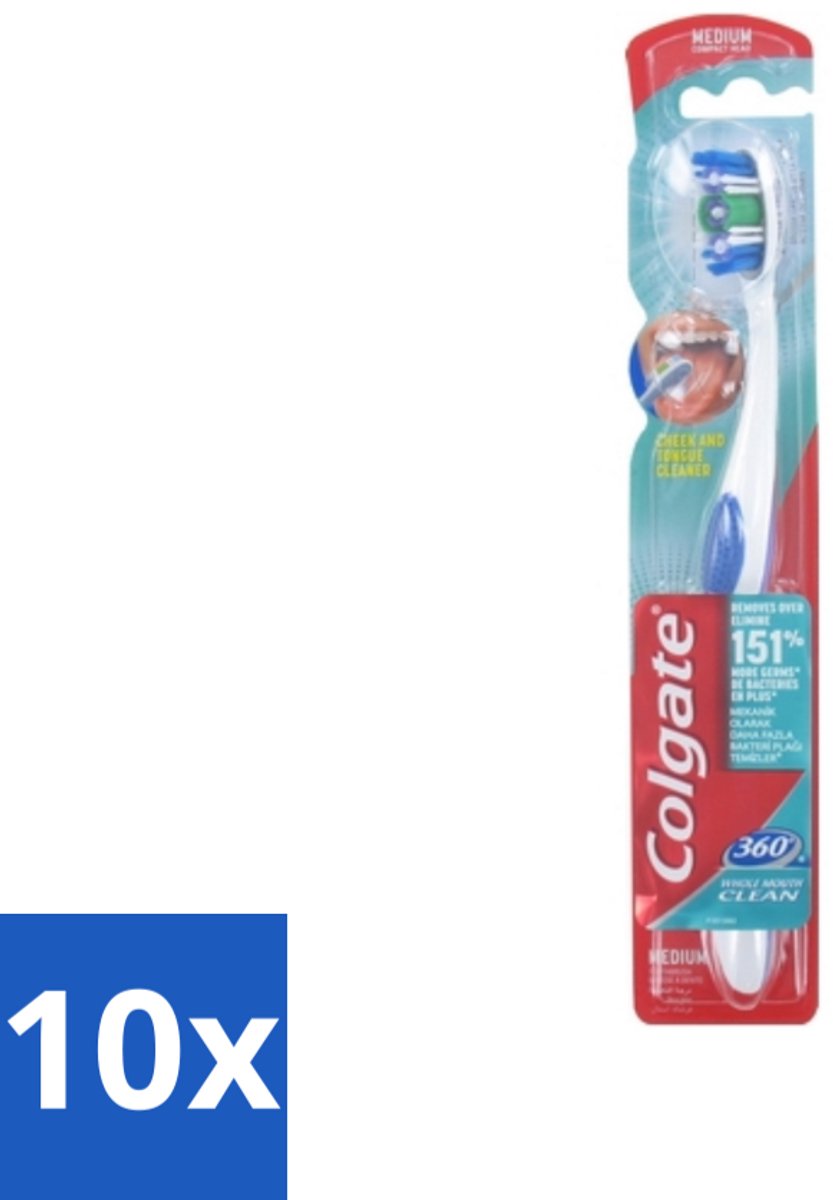 10 x Colgate - Tandenborstel - 360 Whole Mouth Clean Medium - Wit/Blauw - 1 Tandenborstel - Tandenborstel - Mondhygiëne - Tandenpoetsen - Bacteriën - Tandplak