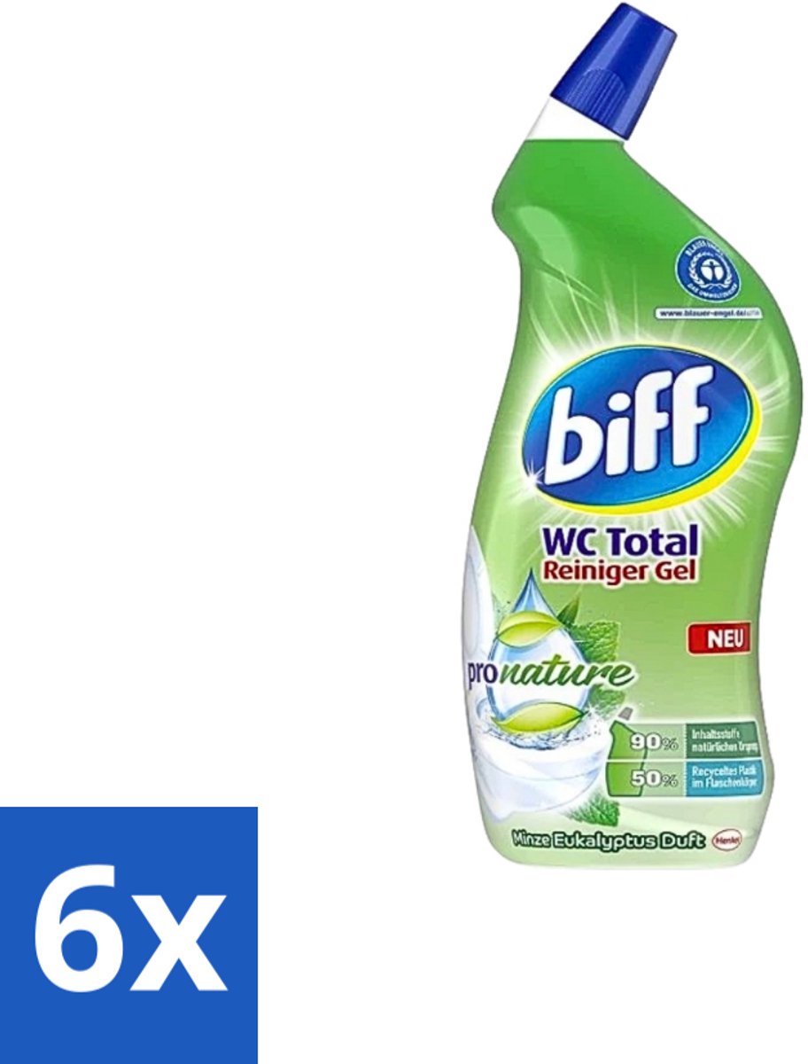 6 x Biff - WC Total Gel - ProNature Toiletreiniger - Mint Eucalyptus 750ml - Toilet Schoonmaak - Wc Reiniger - Kalkverwijderaar - Frisse Geur - Milieuvriendelijk