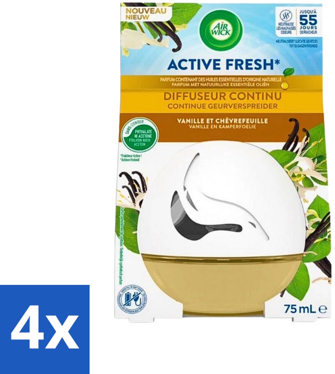 4 x Air Wick Decosphere - Luchtverfrisser - Vanille & Kamperfoelie - 75ml - Luchtverfrisser - Vanille Geur - Kamperfoelie Geur - Langdurige Geur - Geurverspreider