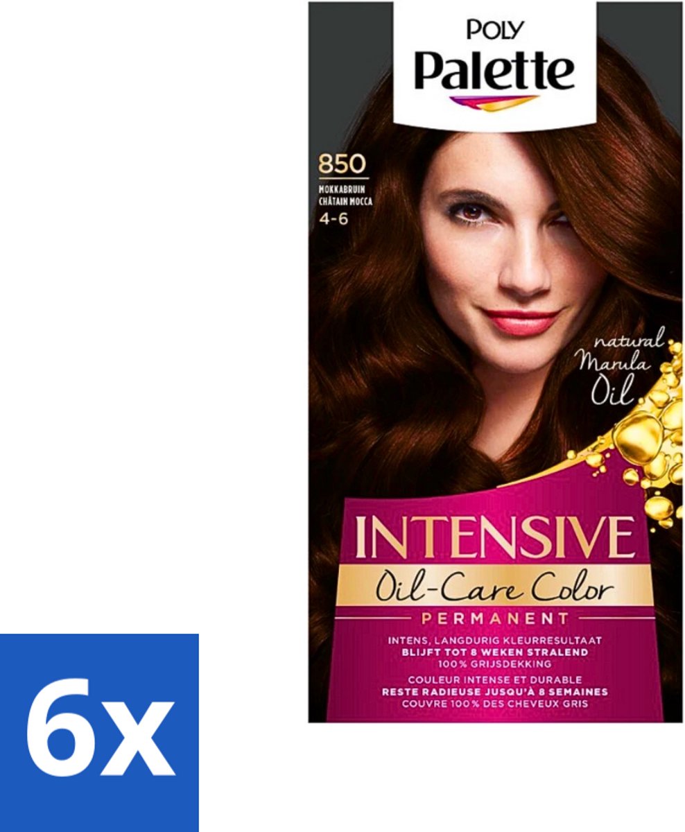 6 x Poly Palette - Haarverf - Mokka Bruin 850 - 115ml - Haarverf - Bruine Haarverf - Mokka Bruin - Grijsdekking - Marula Olie