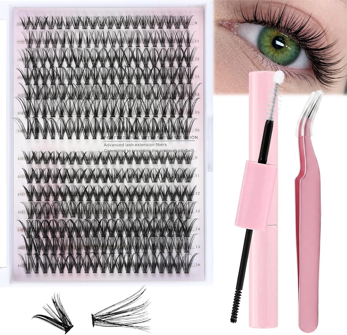 Complete wimperextensieset met clusterwimpers van 9-16 mm, 40D+50D, inclusief wimperlijm, pincet en wimperlifting-set voor volumineuze, natuurlijke wimpers die perfect aansluiten bij de oogcontouren.
