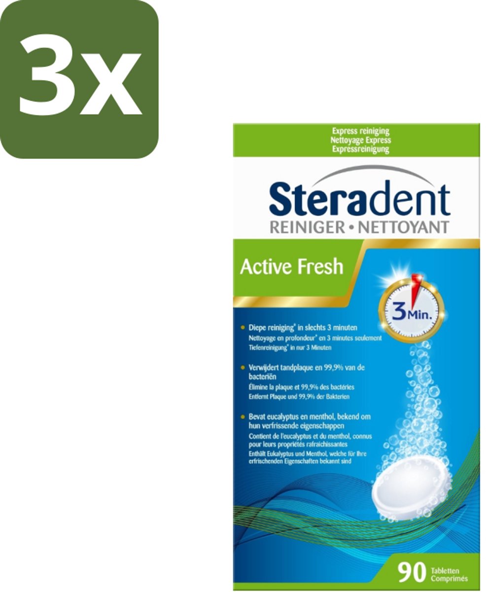 Steradent - Kunstgebitreiniger - Active Fresh - Menthol En Eucalyptus - 90 Tabletten - Bulkverpakking - 3 stuks