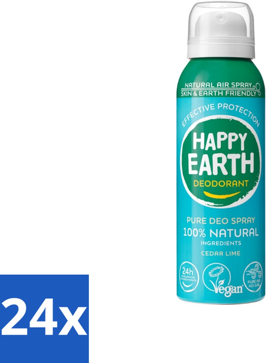 Happy Earth – Deodorant Natural Air Spray – 100% Natuurlijk Cedar Lime – 100 ml - Voordeelverpakking - 24 stuks