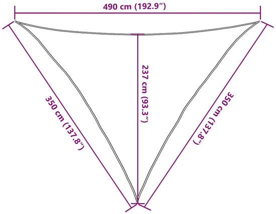 Afmetingen van het zwarte driehoekige schaduwdoek: 490 cm (192.9"), 350 cm (137.8"), 350 cm (137.8").