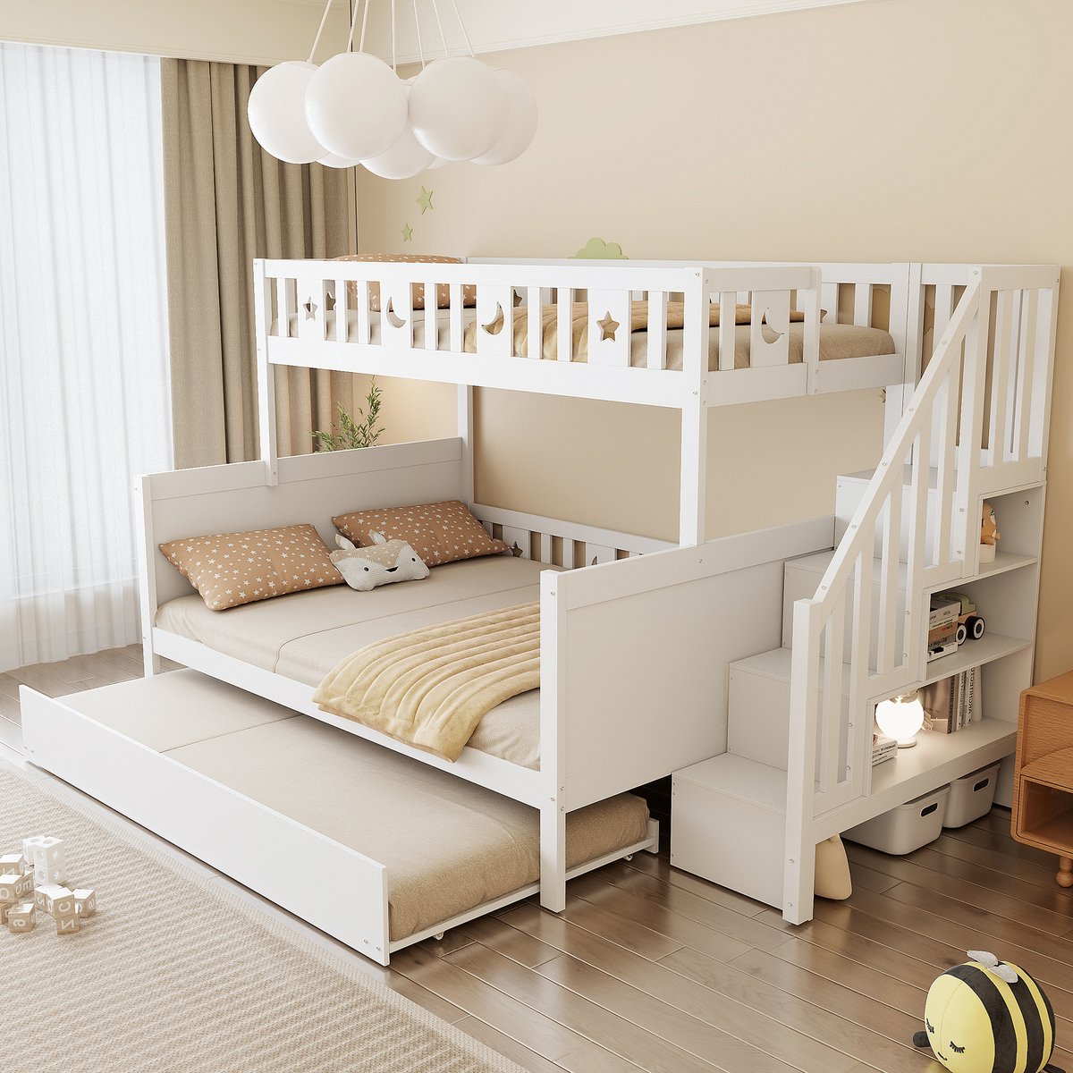 Stapelbed 140x200 cm - Met Opbergruimte - Met Ladder - Uitschuifbaar - Met Valbeveiliging - Wit