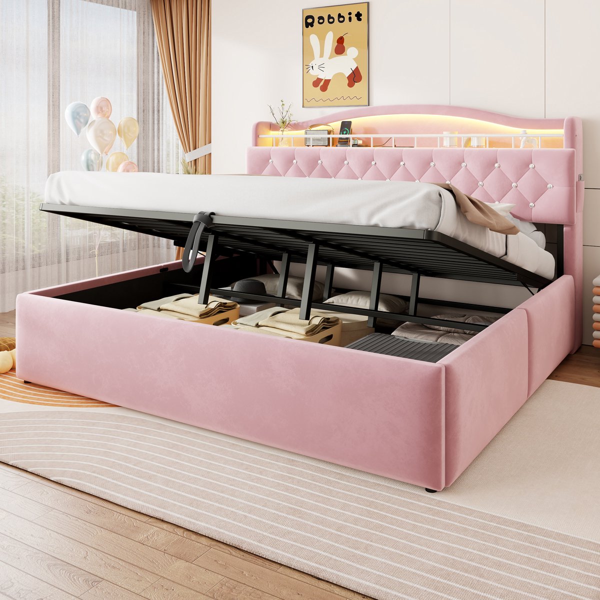 Gepolsterd Bed 180x200 cm - Met Opbergruimte - Met LED-verlichting - Met USB-aansluiting - Roze