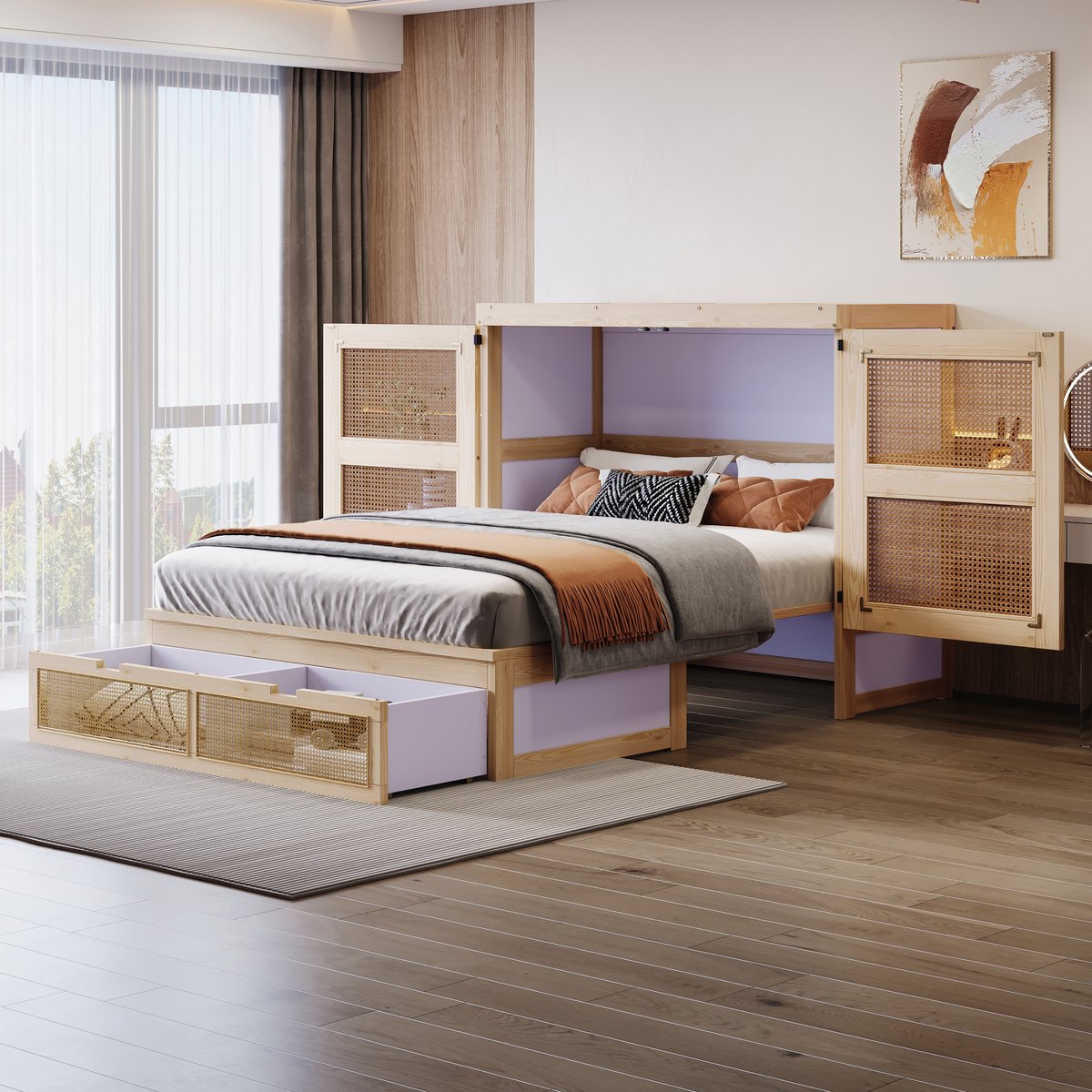 Opklapbed 140x200 cm - Met Opbergruimte - Met Kledingkast - Met Lades - Naturel Hout