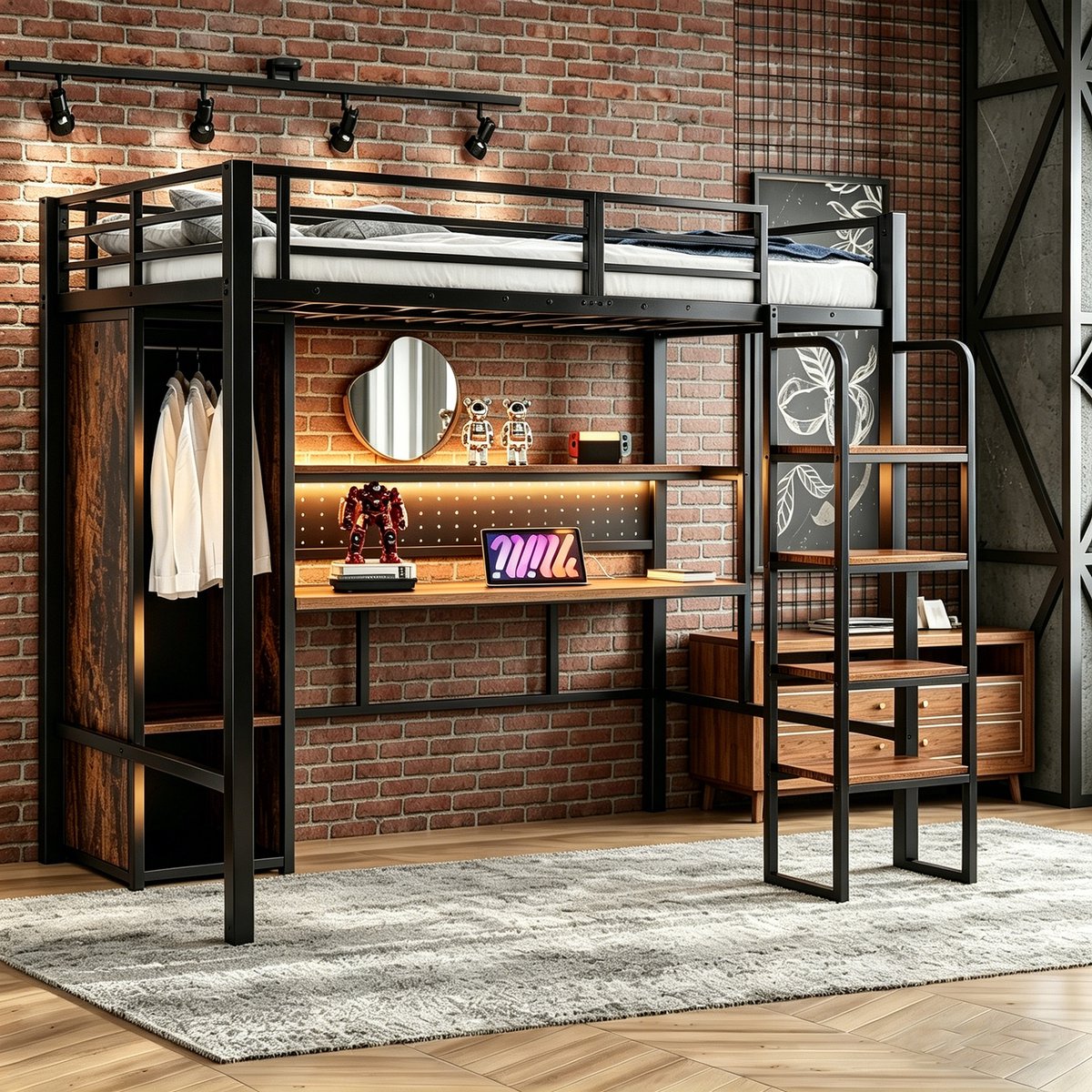Metalen Hoogslaper 90x200 cm - Met LED-verlichting - Met Bureau - Met Kledingkast - Zwart