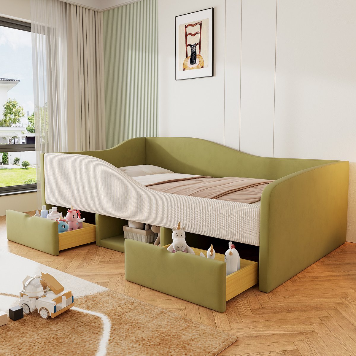 Slaapbank 90x190 cm - Met Opbergruimte - Met Fluweel - Met Lades - Groen Ivoor