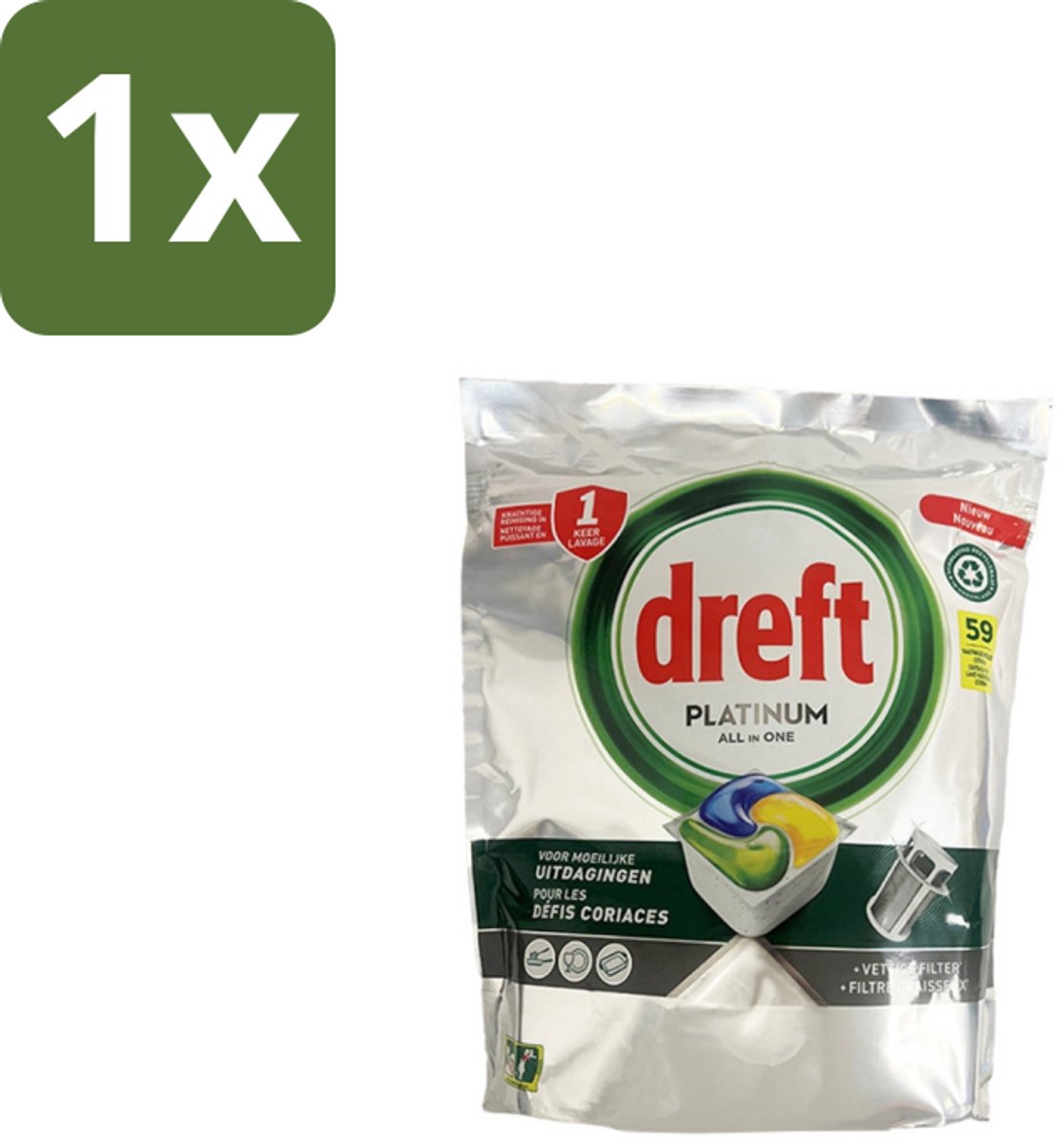 Dreft – Vaatwastabletten – All-in-One Platinum – Lemon – 59 Tabletten - 1 stuk