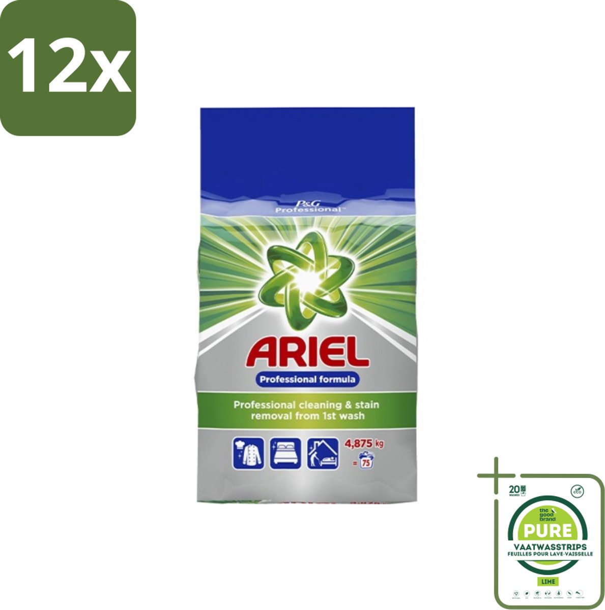Ariel – Waspoeder Professional – Original – 4,8 kg – 75 wasbeurten - Voordeelverpakking - 12 stuks - Ariel Professional Waspoeder - 4.8 kg Waspoeder