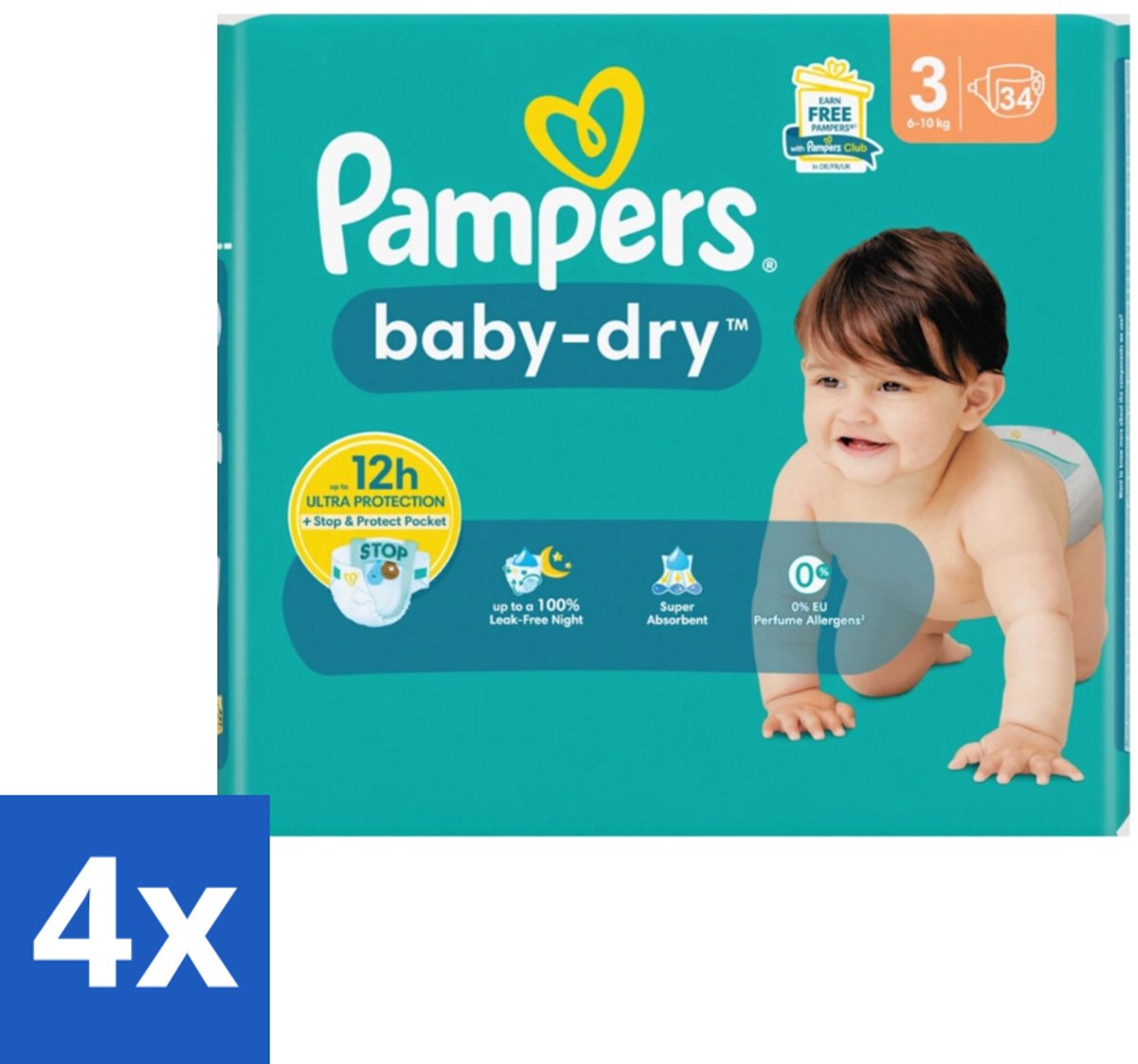 Pampers – Luiers – Baby-Dry Maat 3 (6-10 kg) – 34 Luiers - Voordeelverpakking - 4 stuks