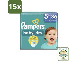 15 x Pampers – Luiers – Baby-Dry Maat 5+ (12-17 kg) – 36 Luiers - Grootverpakking - Baby-luiers - Droge Huid - Droge Luiers - Baby Droogheid - Droge Luier
