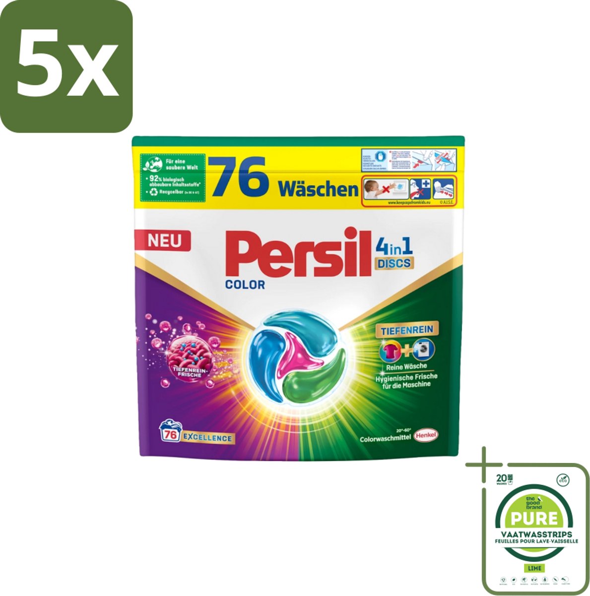 5 x Persil – Wasmiddel Discs 4-in-1 – Color - 76 Capsules - Grootverpakking - Wasmiddel - Kleuren Beschermen - Vlekken Verwijderen - Wasdiscs - Gekleurde Was