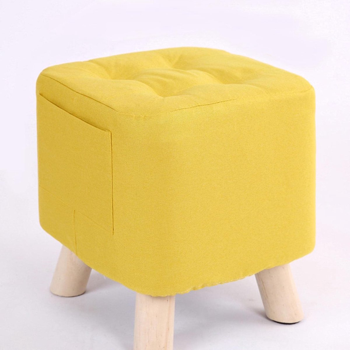 Voetenbankje - Poef Krukje - Ontspannen Zitten - Linnen Bekleding - 28x28x31cm - Geel