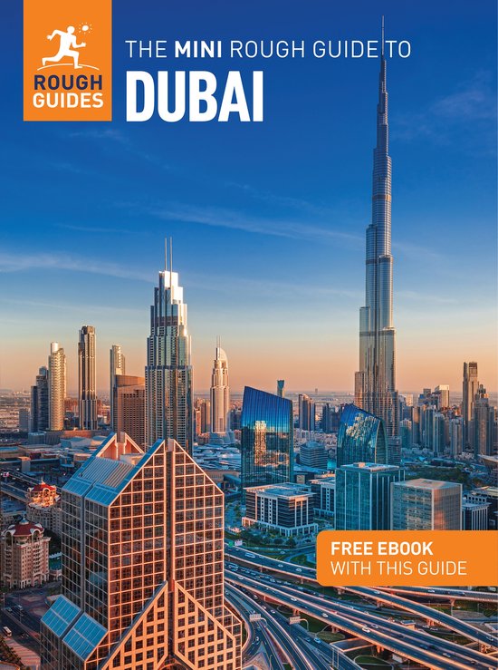 Couverture du livre 'The Mini Rough Guide to Dubai' avec une ligne d'horizon de gratte-ciel au coucher du soleil. eBook gratuit avec ce guide.