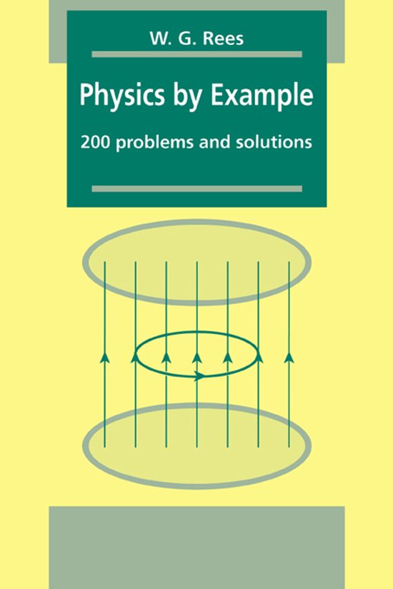 Boekomslag 'Physics by Example' met groene magnetische veldlijnen en een cirkelvormige stroom.