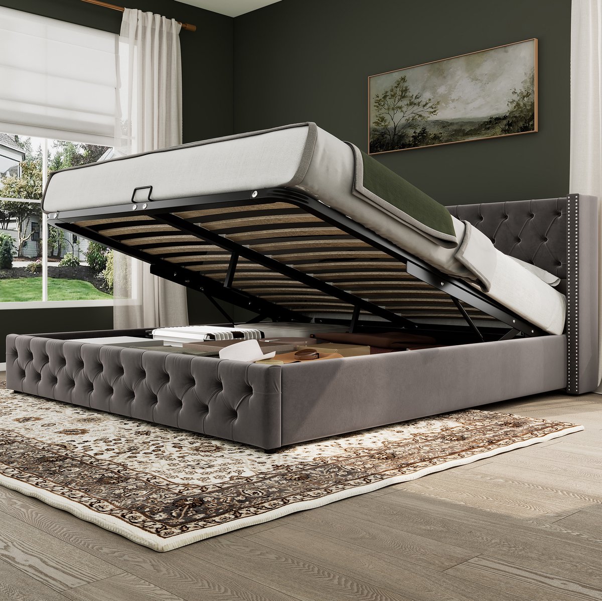 MEUNIQ tweepersoons gestoffeerd bed 180x200 cm met hydraulische opbergruimte, lattenbodem, hoog hoofdbord met knopen en siernagels, slaapkamer, grijs